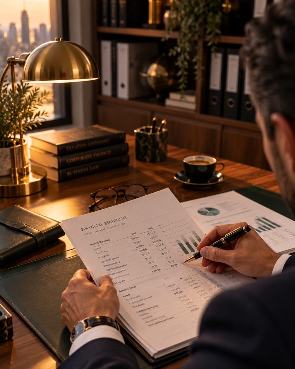 A CPA reviewing a client's financial statements at a walnut desk