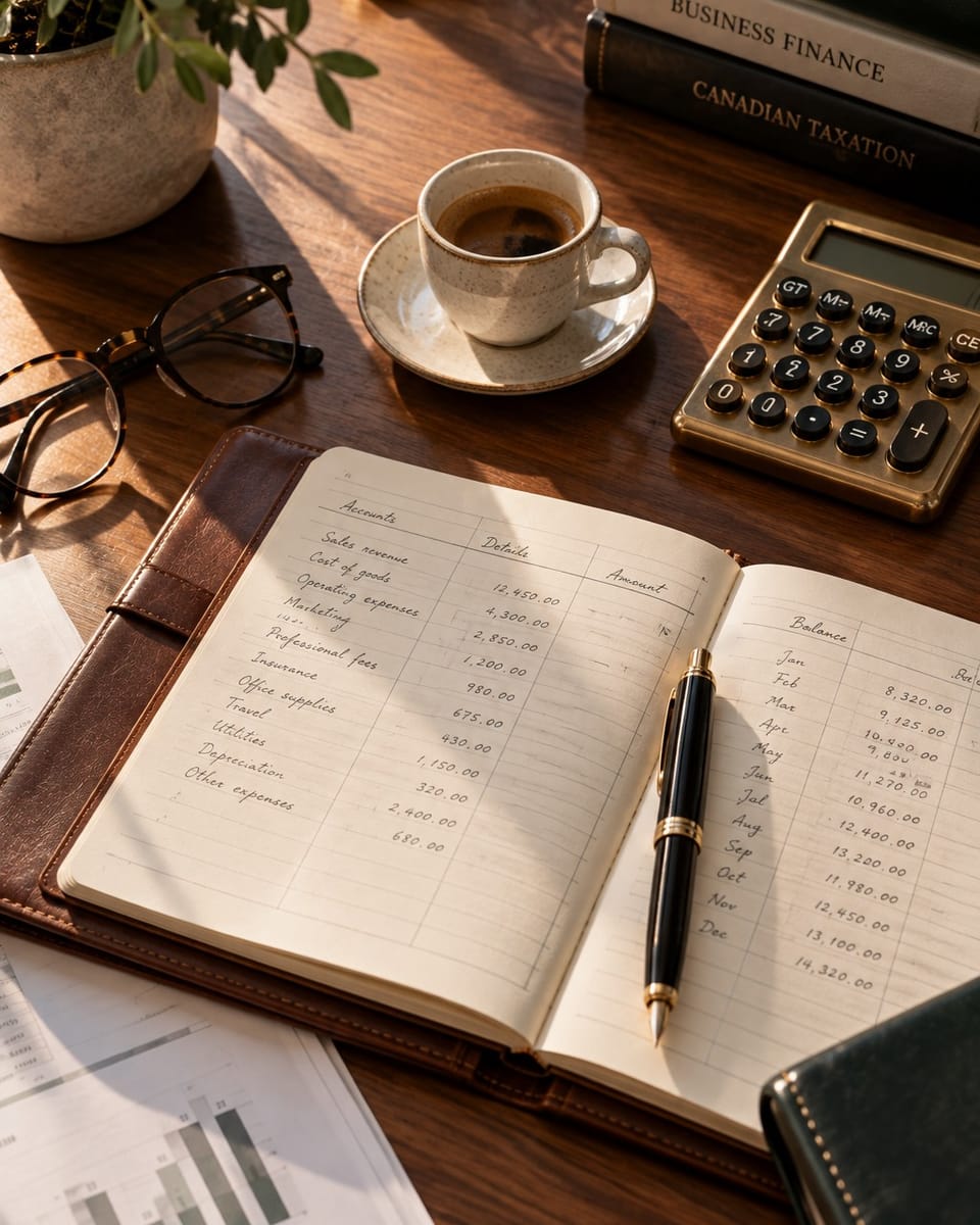 Fountain pen, ledger and calculator on a walnut desk