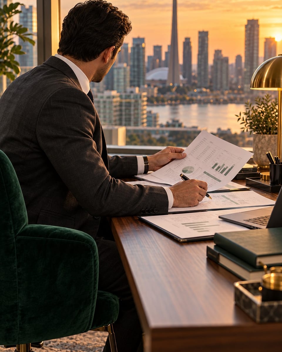 Toronto CPA reviewing financial statements in a modern office overlooking the city