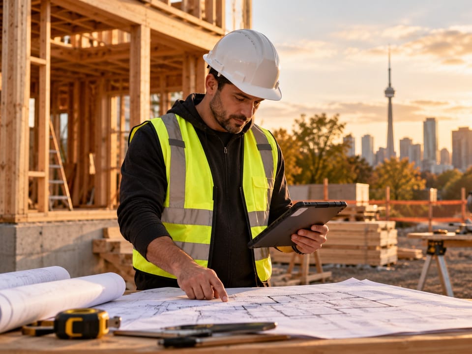 General contractor reviewing plans on a Toronto job site