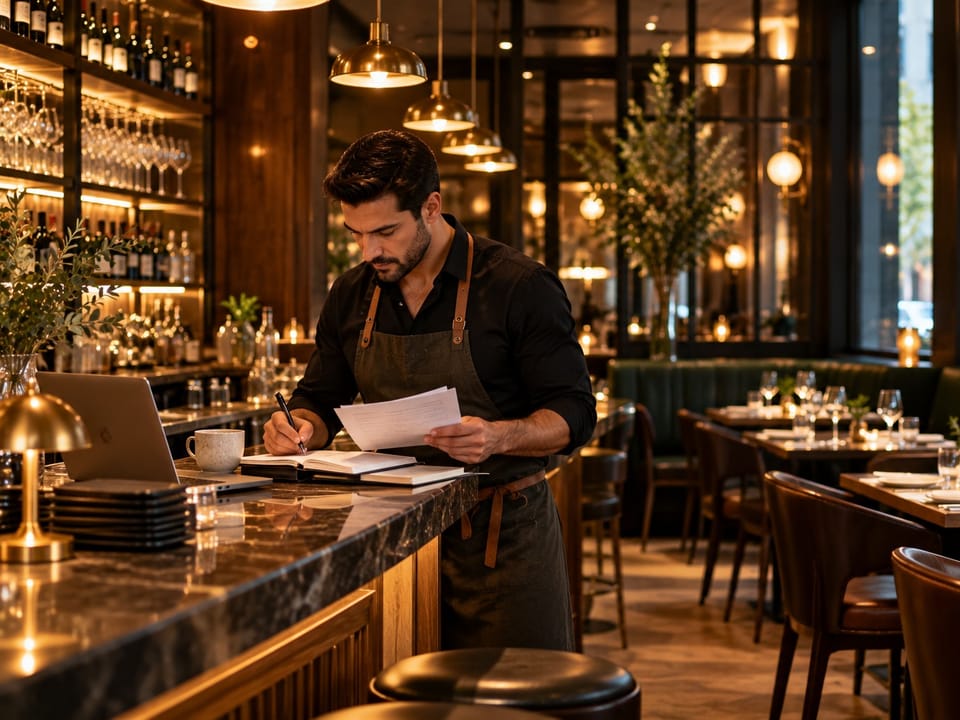 Restaurant owner reviewing the day's numbers at the bar