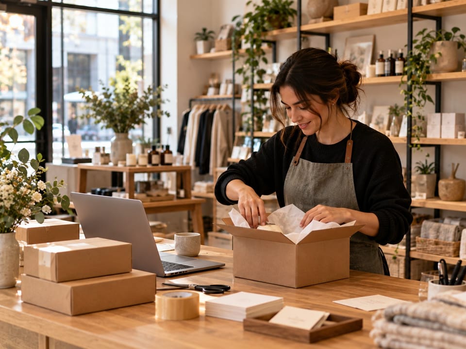 Boutique owner packing online orders
