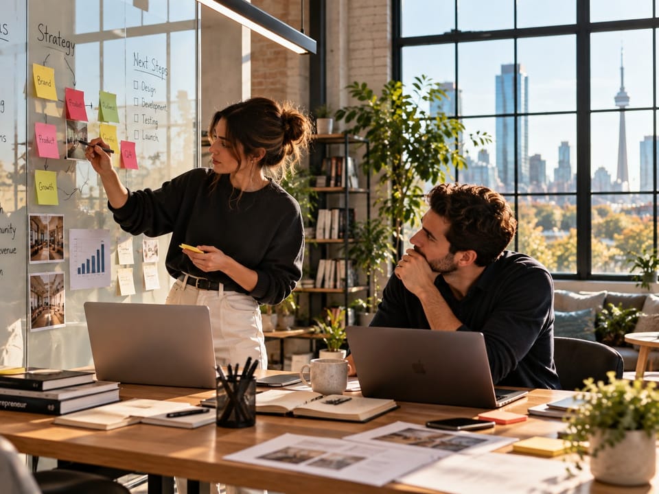 Startup founders planning at a whiteboard