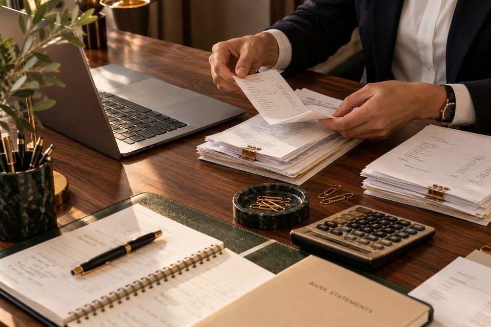 Bookkeeper reconciling receipts and bank statements on a laptop