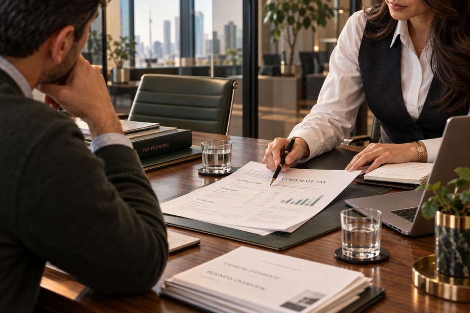 CPA reviewing a corporate tax return with a business owner