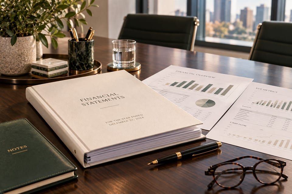 Bound financial statements and charts on a boardroom table
