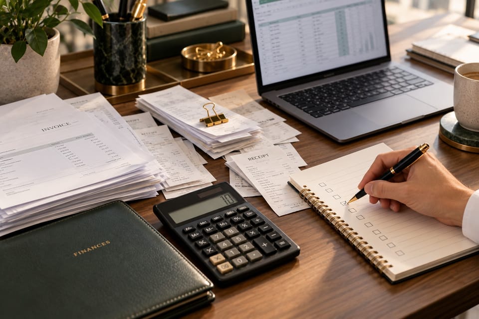 Invoices and a calculator used for HST filing